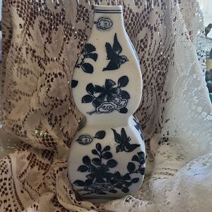 Floral Bird Matte Chinoiserie Unique Shape Small Mouth Vase